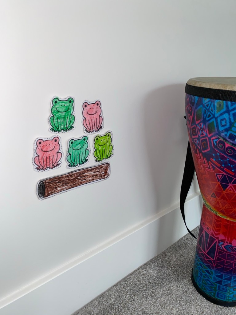 5 speckled frogs on the wall